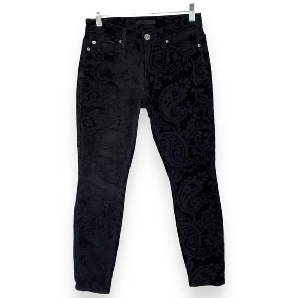 7FAM Black Velvet Paisley Pants‎ Ankle Skinny Size 25 Boho READ - Picture 2 of 12